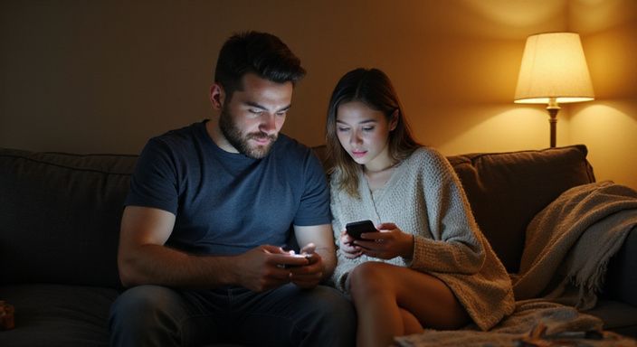 Ein Paar sitzt entspannt auf einem Sofa und nutzt Smartphones.