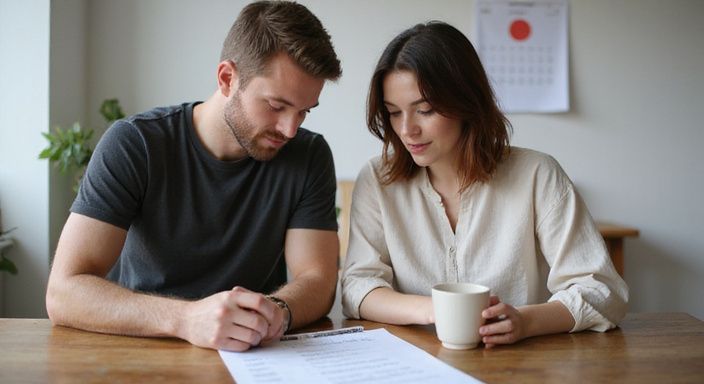 Ein Paar arbeitet konzentriert an einem Tisch mit Notizen.