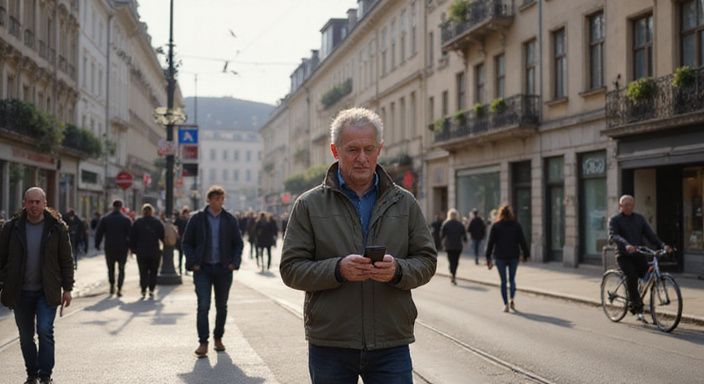 Eine Person nutzt ihr Smartphone an einer belebten Straßenecke.