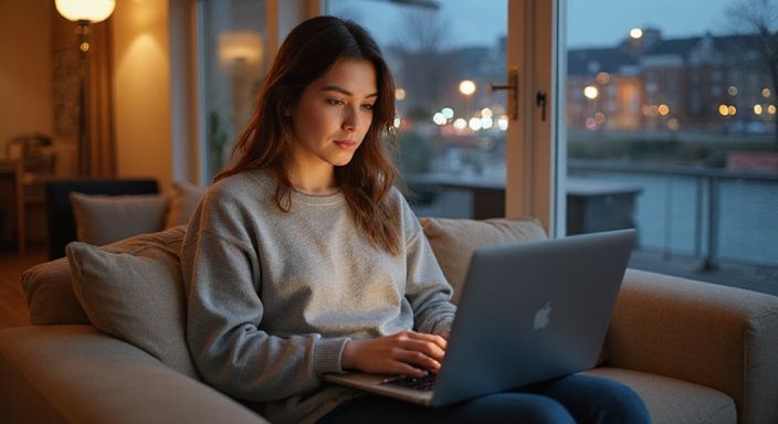 Eine junge Frau sitzt auf einem Sofa und arbeitet am Laptop und suche sexkontakt in Baden-Württemberg.
