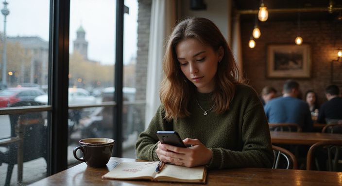Eine Frau in einem Café scrollt konzentriert durch eine Dating-App.