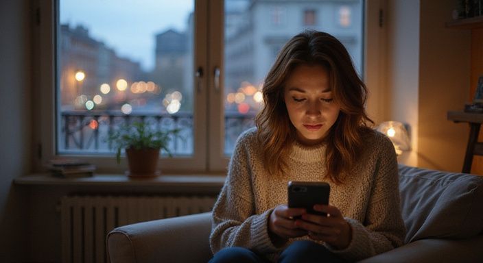 Eine Frau entspannt in einem Sessel und nutzt eine Dating-App für Sexkontakt Berlin.