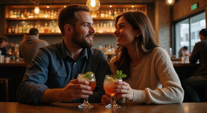 Ein Paar genießt Cocktails in einer gemütlichen Bar.