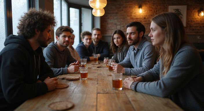Junge Erwachsene diskutieren entspannt über sichere private Treffen in einer Bar.