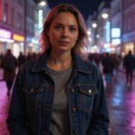 Eine selbstbewusste Frau geht durch das lebhafte Bahnhofsviertel