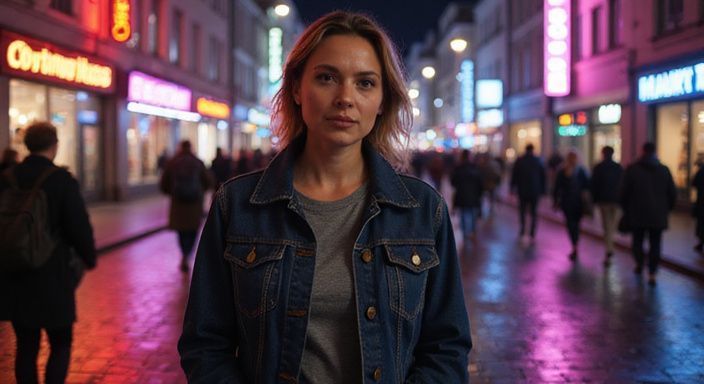 Eine selbstbewusste Frau geht durch das lebhafte Bahnhofsviertel