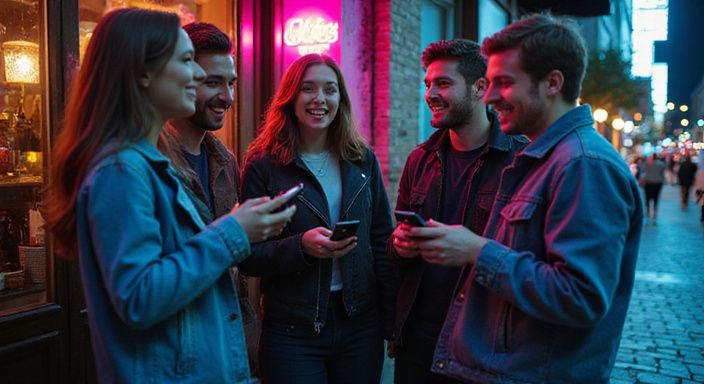 Eine Gruppe junger Erwachsener genießt die Nacht vor einer Bar.