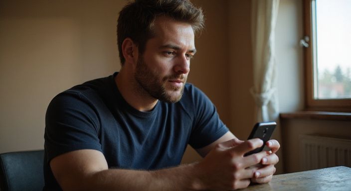 Ein nachdenklicher Mann scrollt konzentriert durch eine Dating-App für sexkontakt in Frankfurt am Main.