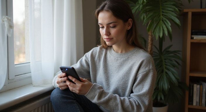 Eine Frau sitzt nachdenklich mit ihrem Smartphone in einer Wohnung und suche sexkontakt in Frankfurt am Main.