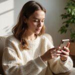 Eine nachdenkliche junge Frau nutzt eine Dating App in ihrem Wohnzimmer