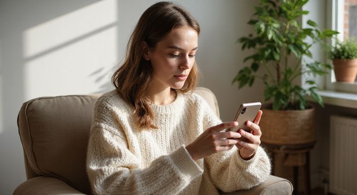 Eine nachdenkliche junge Frau nutzt eine Dating App in ihrem Wohnzimmer