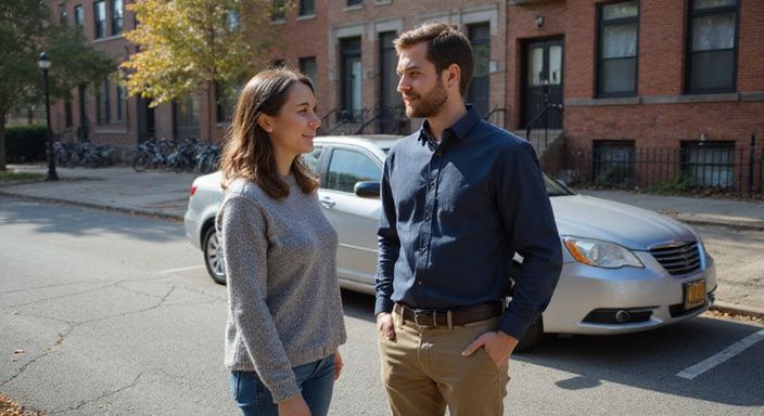 Eine entspannte Unterhaltung zwischen zwei Erwachsenen in einem städtischen Parkplatz.