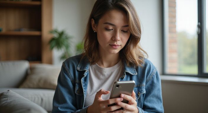 Eine junge Frau nutzt konzentriert eine Dating-App auf ihrem Smartphone und wollen sexkontakt in Hamburg.