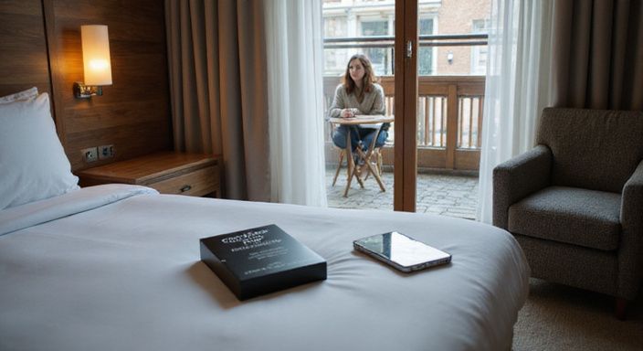 Ein stilvolles Hotelzimmer mit intimen Gesprächen über sexkontakt in Hamburg auf dem Balkon.
