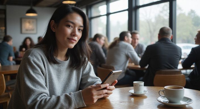 Eine junge Frau sitzt entspannt in einem Café und nutzt ihr Smartphone und suche sexkontakt in Hamburg.