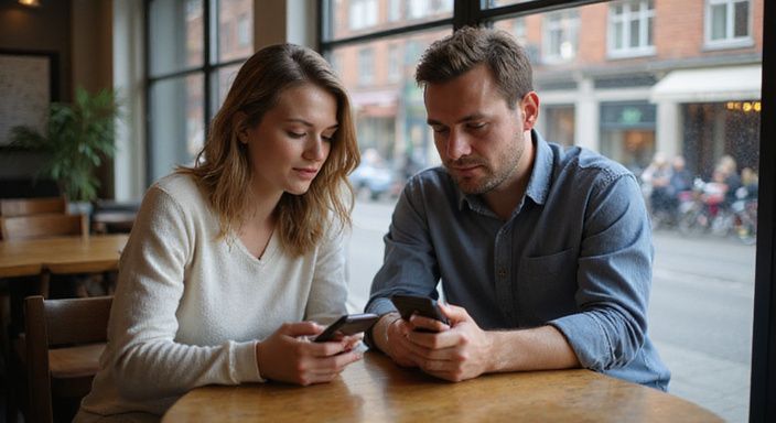 Ein Paar sitzt in einem Café und schaut auf ihre Smartphones und suche sexkontakt in Hamburg.
