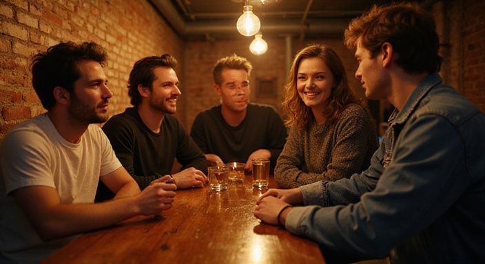 Fünf Personen haben ein bedeutungsvolles Gespräch in einem Club.