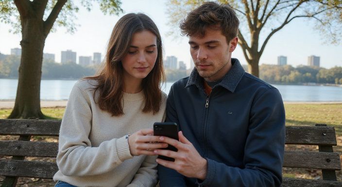 Ein junges Paar sitzt entspannt auf einer Parkbank und schaut auf ihr Handy.