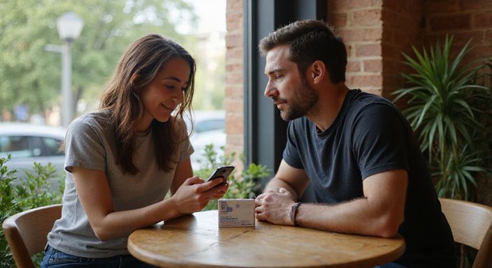 Ein Paar diskutiert sicherheitsbewusst vor einem Treffen in einem Café und wollen sexkontakt in Hamburg.
