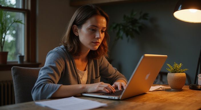 Eine Frau arbeitet konzentriert an ihrem Laptop in einem Heimarbeitsplatz.