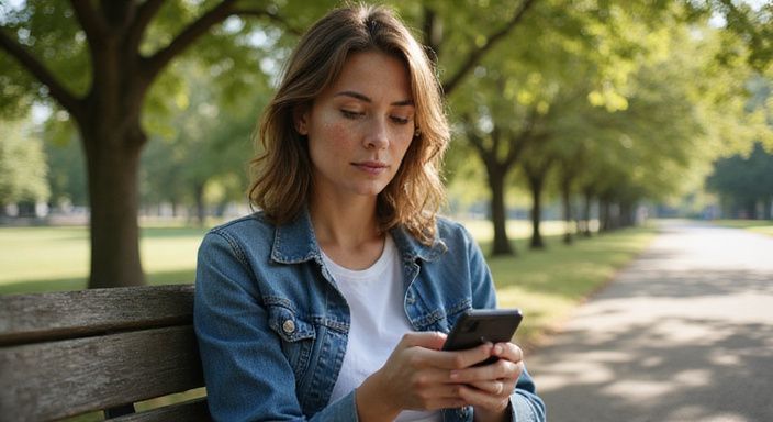 Eine Frau in einem Park sitzt entspannt auf einer Holzbank