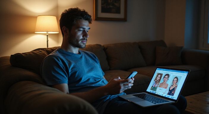 Ein Mann sitzt entspannt auf einem Sofa und nutzt sein Smartphone und suche Sexkontakt Hessen.