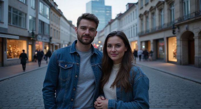 Ein Paar steht entspannt auf einer unebenen Kopfsteinpflasterstraße in Mainz und wollen Rheinland-Pfalz.
