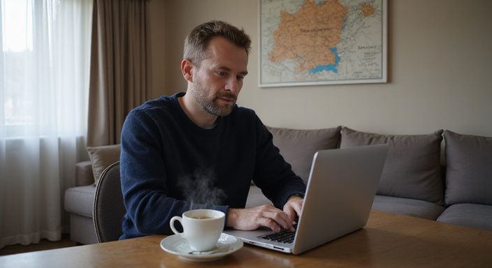 Ein Mann durchstöbert Online-Dating-Seiten für sexkontakt in Rheinland-Pfalz in seinem gemütlichen Wohnzimmer.