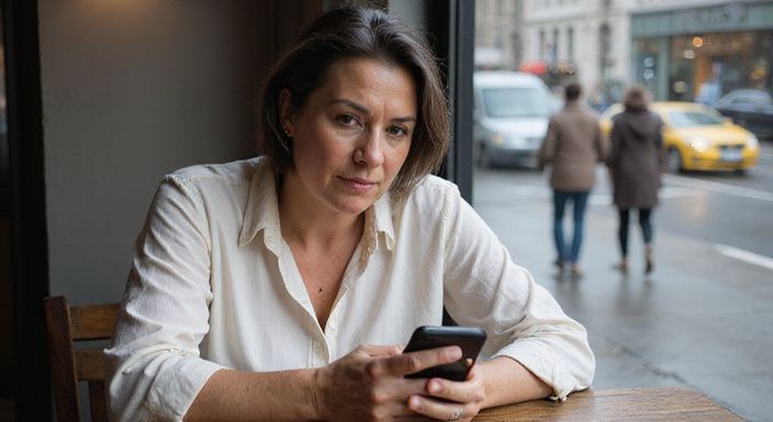 Eine nachdenkliche Frau beobachtet das Stadtleben an einem Café Tisch und suche sexkontakt in Rheinland-Pfalz.