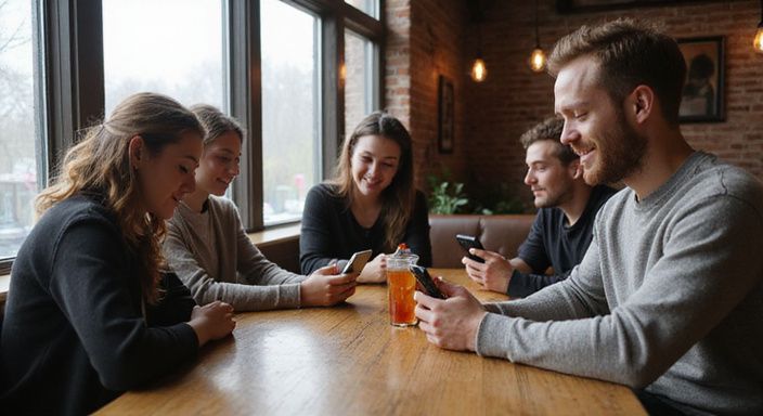 Fünf Freunde genießen Zeit in einem Café, während sie am Smartphone tippen.
