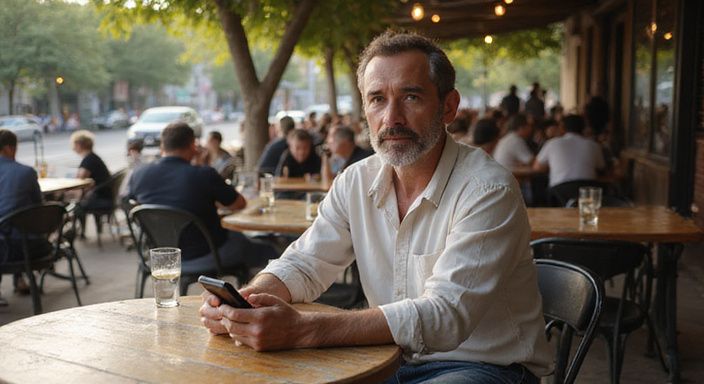 Ein mittelalter Mann sitzt allein und scrollt auf seinem Smartphone.