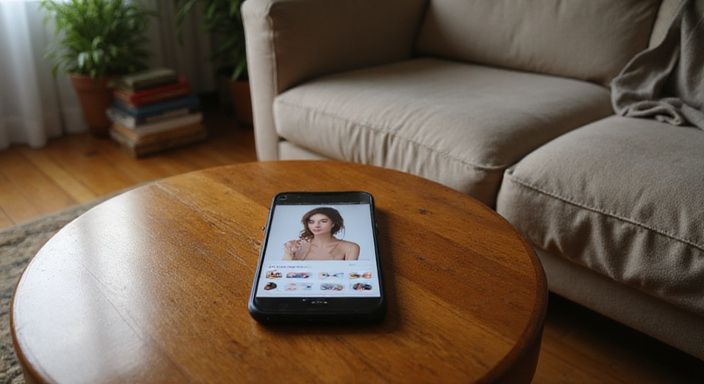 Ein Smartphone zeigt ein Profilbild in einem gemütlichen Wohnzimmer.