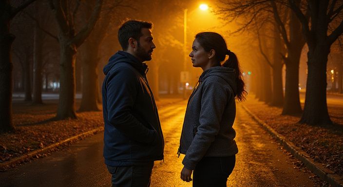 Zwei Erwachsene unterhalten sich entspannt in einem Park bei Nacht.