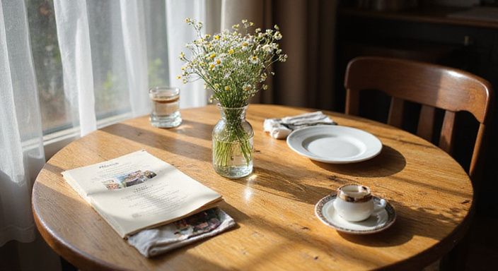 Ein gemütlicher Café-Tisch mit frischen Blumen und Kaffee.