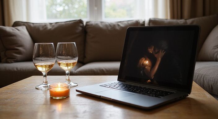 Ein einladendes Wohnzimmer mit Wein, Kerze und Laptop im Gespräch.