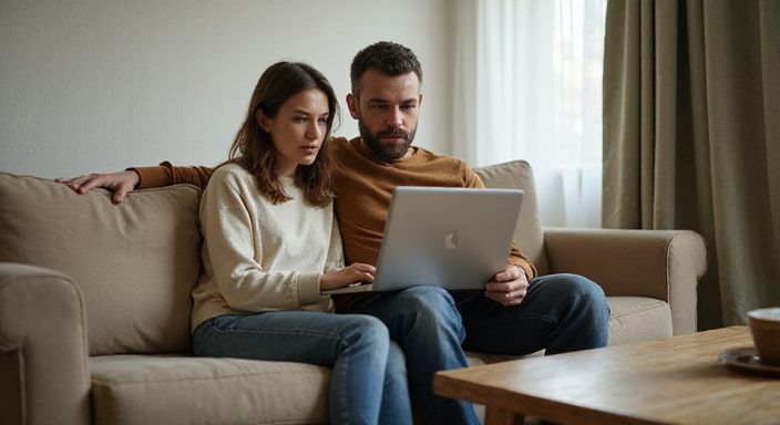 Ein Paar browsed gemeinsam auf einem Laptop in ihrem Wohnzimmer.