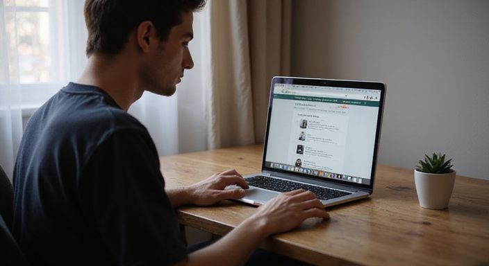 Eine Person browsed konzentriert auf einem Laptop in einem gemütlichen Raum uns suche sexkontakt in Schleswig-Holstein.