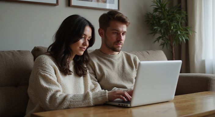 Ein Paar entspannt sich auf der Couch und schaut auf einen Laptop und suche sexkontakt in Schleswig-Holstein.