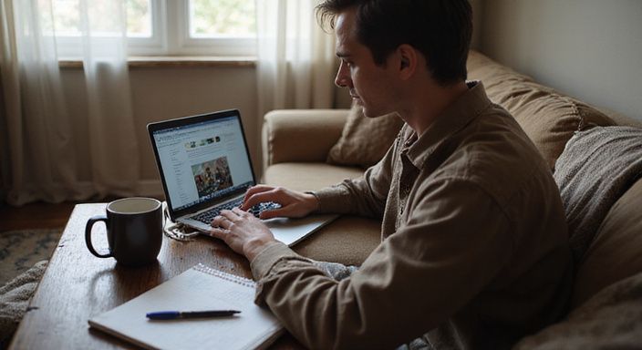 Eine Person sitzt fokussiert vor ihrem Laptop in einem gemütlichen Wohnzimmer.