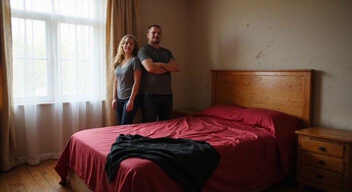 Ein Schlafzimmer mit bedrucktem Bettzeug und einem Pärchen in Ruhe.