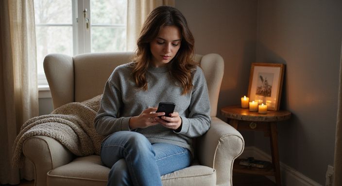 Eine junge Frau sitzt entspannt in einem gemütlichen Schlafzimmer und wollen sexkontakt in Thüringen.