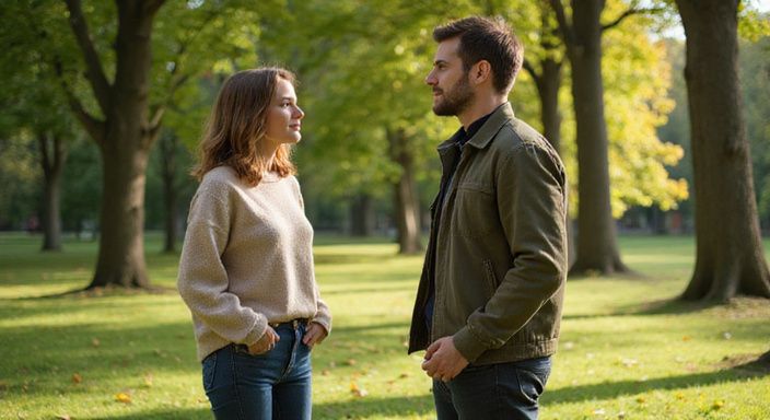 Ein Paar spricht entspannt im Park von Erfurt, Deutschland.