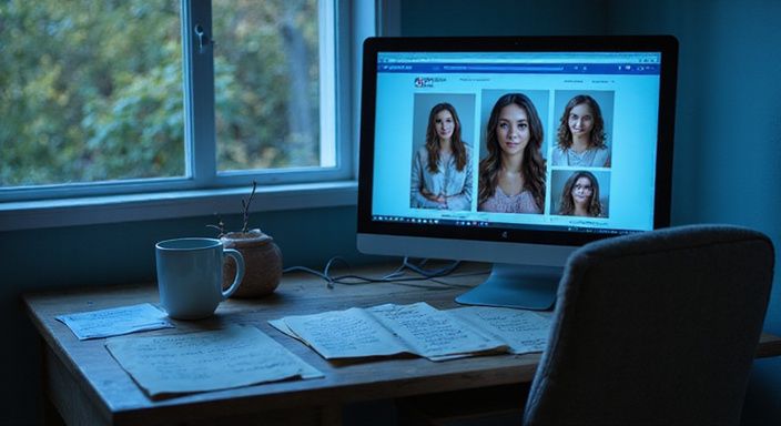 Ein Schreibtisch mit Notizen und Profilen von Frauen auf Bildschirm.