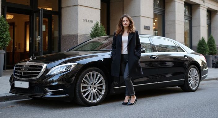 Eine elegante Frau steht neben einer luxuriösen Limousine vor einem Hotel.