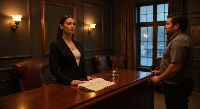 Eleganter Empfangsbereich eines hochklassigen Bordells mit professionellem Personal.