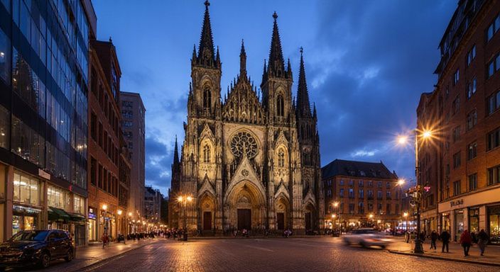 Kölner Dom erhebt sich majestätisch über die belebten Straßen der Stadt.