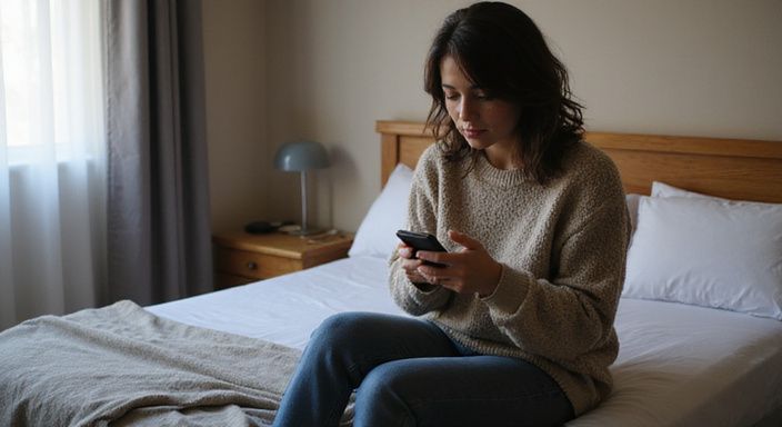 Eine junge Frau sitzt nachdenklich am Bett in einem Hotelzimmer.