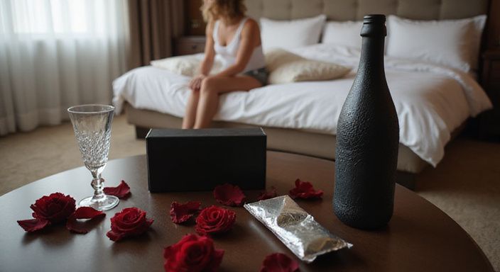 Ein romantisches Hotelzimmer mit Champagner, Kondomen und Rosenblättern.