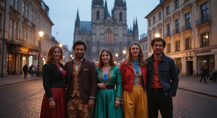 Eine Gruppe Freunde feiert Karneval in bunten Kostümen in Köln.