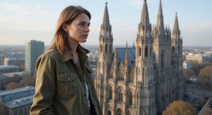 Eine Frau schaut nachdenklich auf die Kölner Skyline